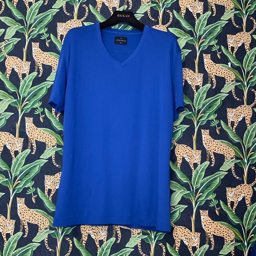 Astor & Black Luxury V-Neck Tee Shirt - Blue Jersey Knit Relaxed Fit Large - Picture 2 of 10
